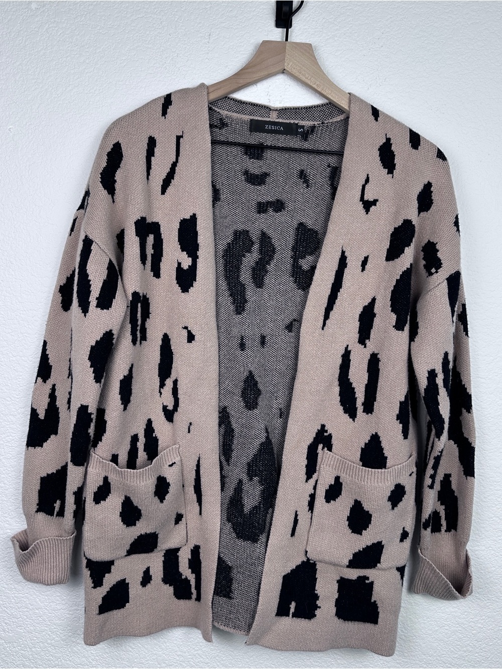 ZESICA Leopard Print Open Front Cardigan Sweater Taupe Black S